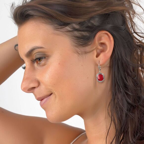 Mother of Pearl Red Earrings. Silver. Best Selling French Brand, Aden Bijoux.