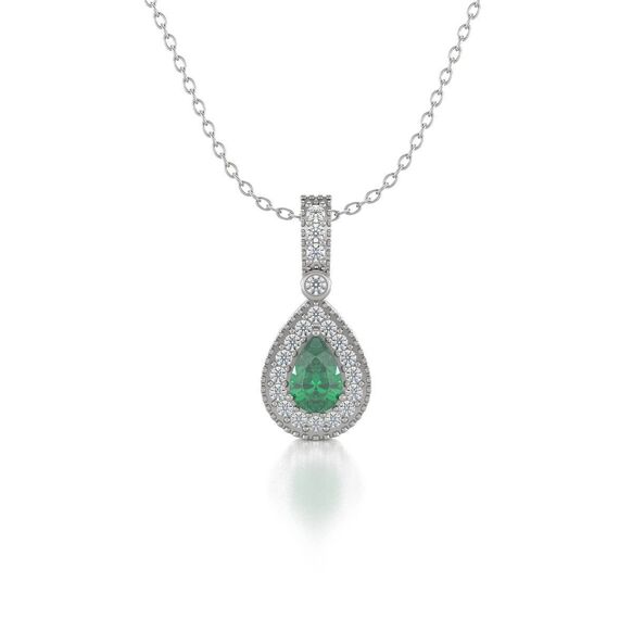 White Gold, Emerald Green and Diamond Pendant Necklace. Best Selling French Brand, Aden Bijoux.