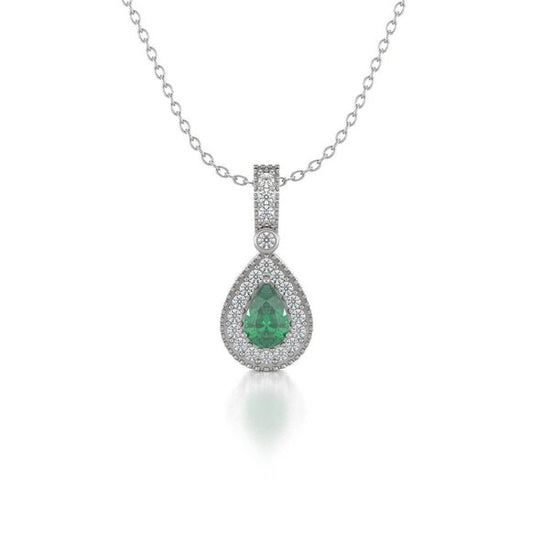 White Gold, Emerald Green and Diamond Pendant Necklace. Best Selling French Brand, Aden Bijoux.