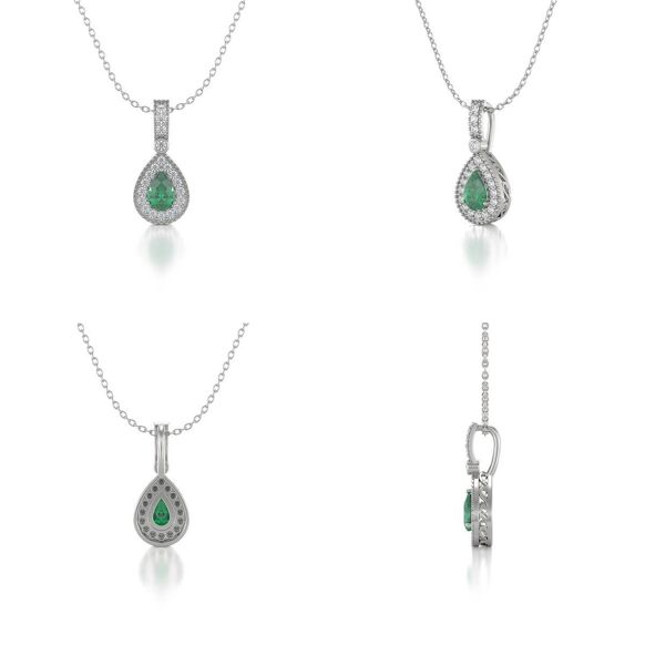 White Gold, Emerald Green and Diamond Pendant Necklace. Best Selling French Brand, Aden Bijoux.