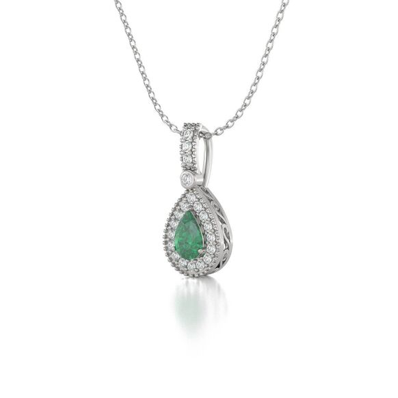 White Gold, Emerald Green and Diamond Pendant Necklace. Best Selling French Brand, Aden Bijoux.