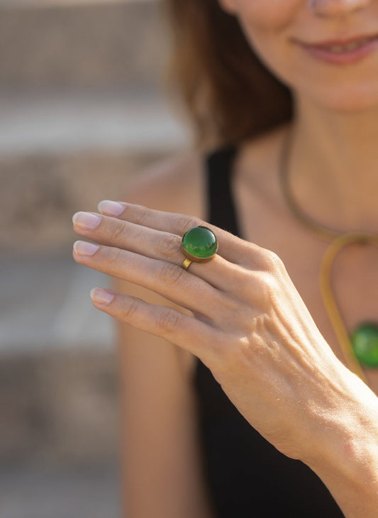 Best Selling Kenyan Brand, Gold Plated Lela Green Ring By Lamu Jewelry.