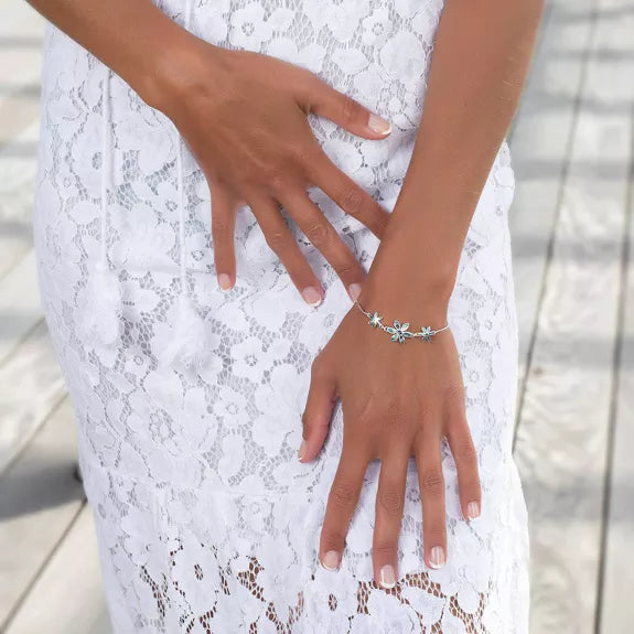 Adjustable Bracelet Mother of Pearl Abalone Flowers on Silver. Aden Bijoux. France.